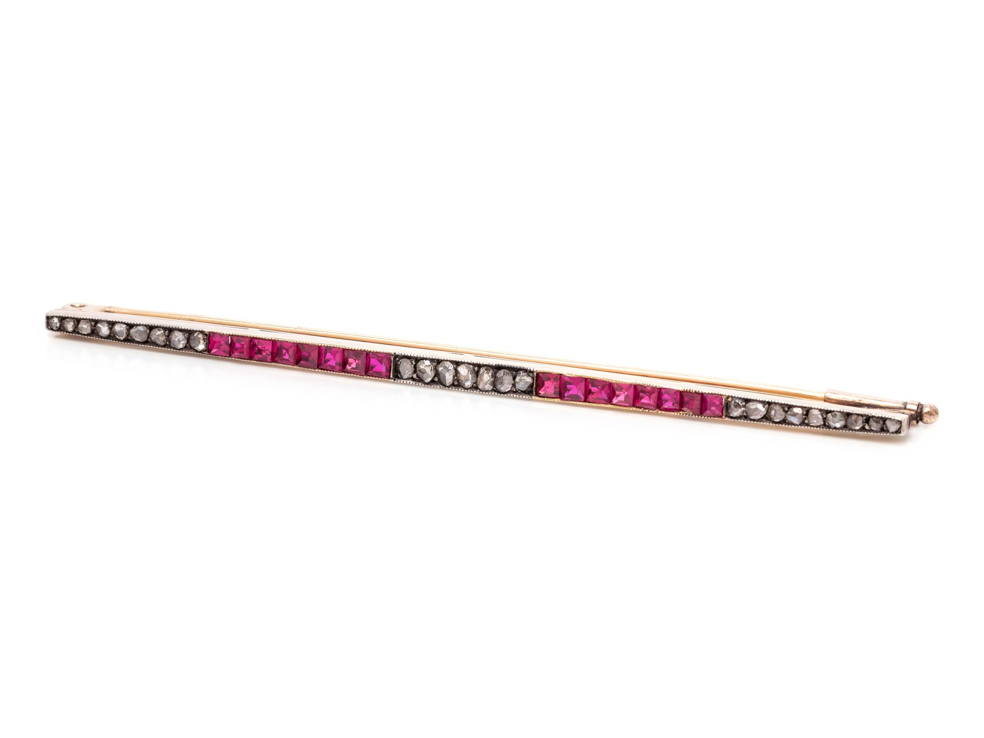 DIAMOND AND SYNTHETIC RUBY BAR BROOCH
