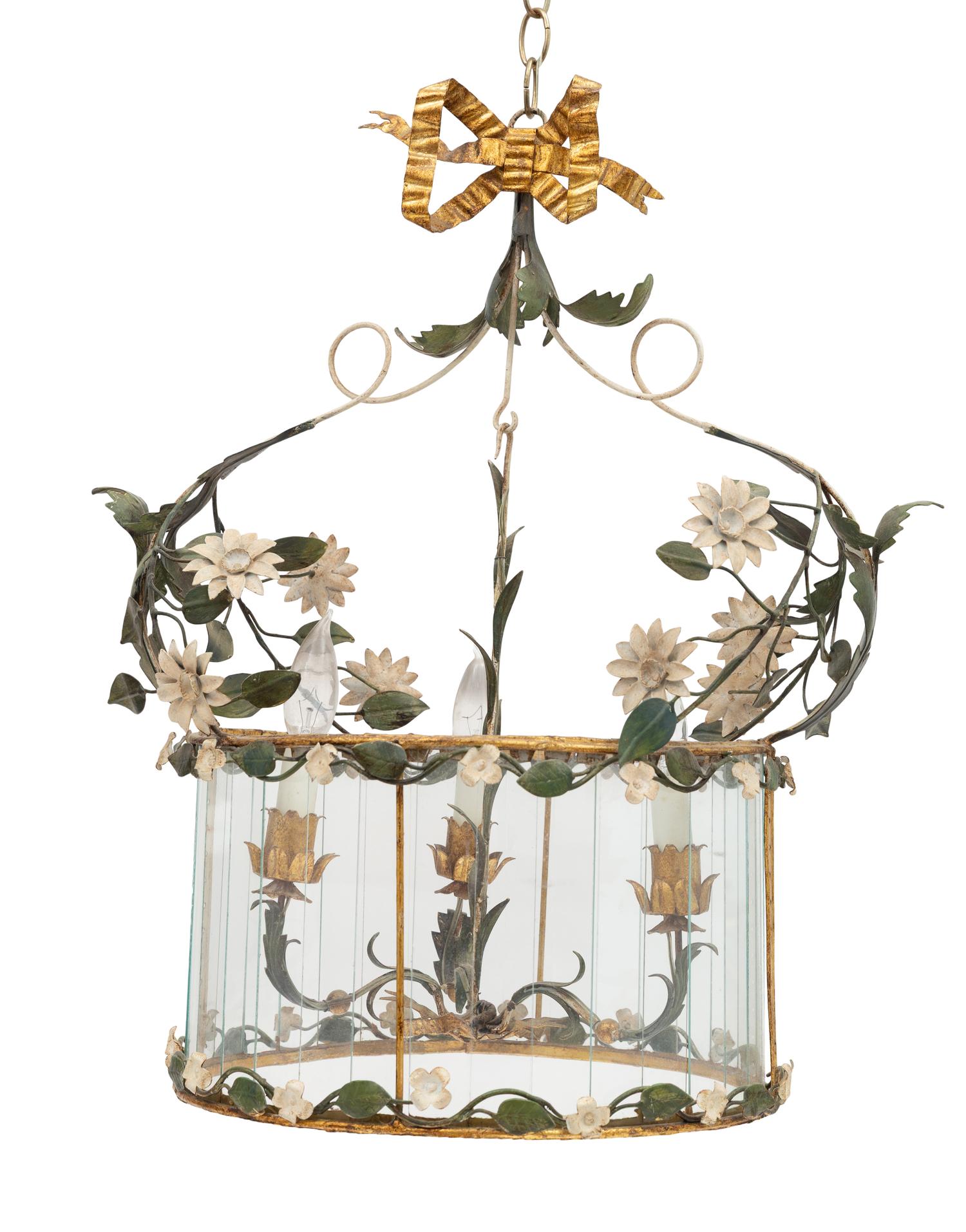 An Italian Tole and Glass Three-Light Chandelier