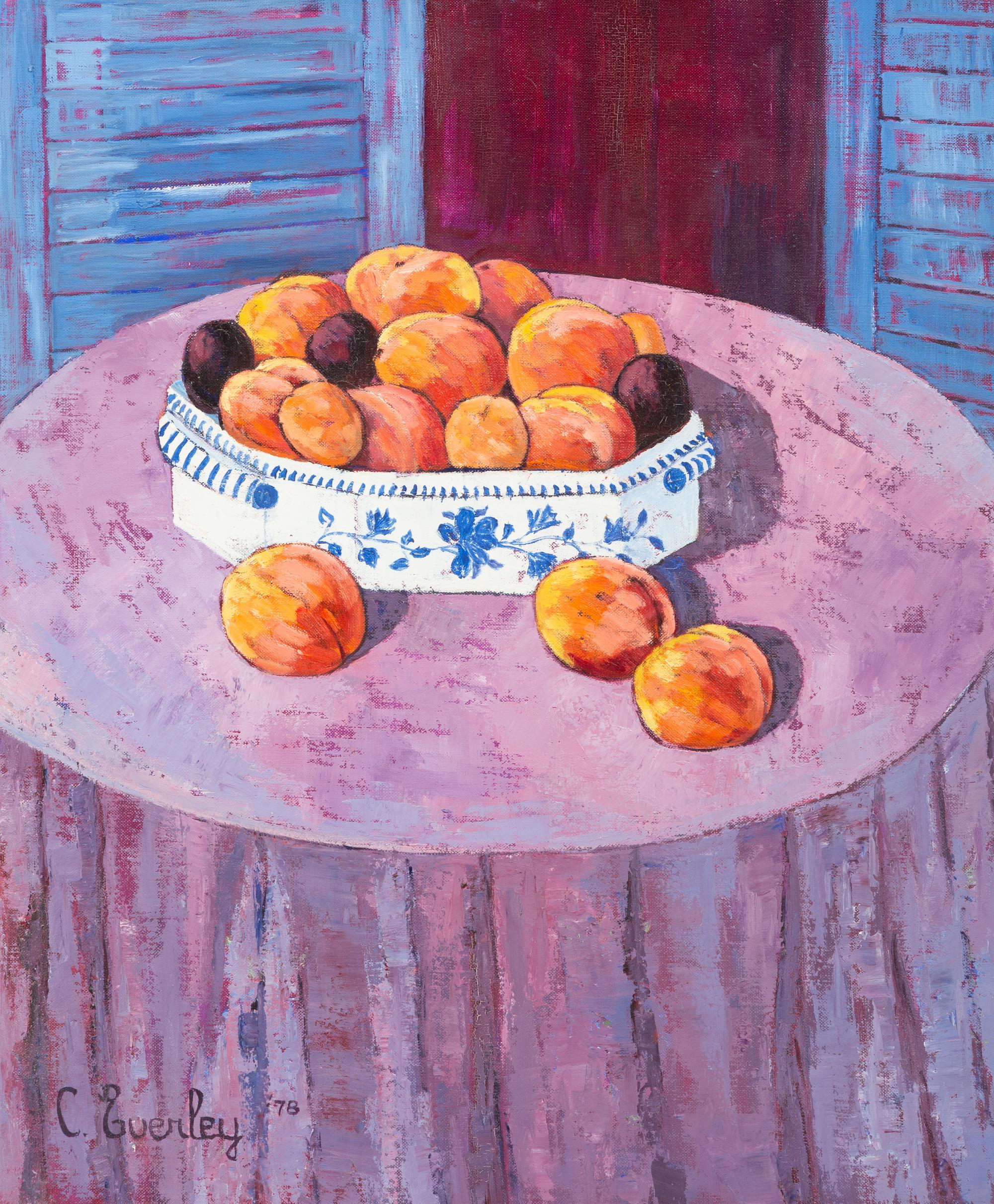 Peaches in a Blue and White Bowl , 1976, and Yellow Gorse in a Blue Pitcher (two works)