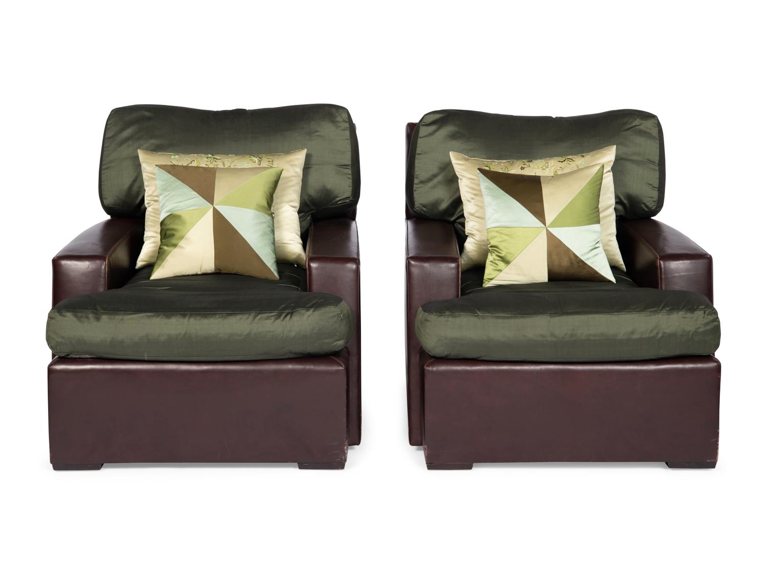 A Pair of Brown Leather and Green Silk Custom Armchairs