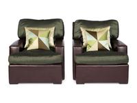 A Pair of Brown Leather and Green Silk Custom Armchairs