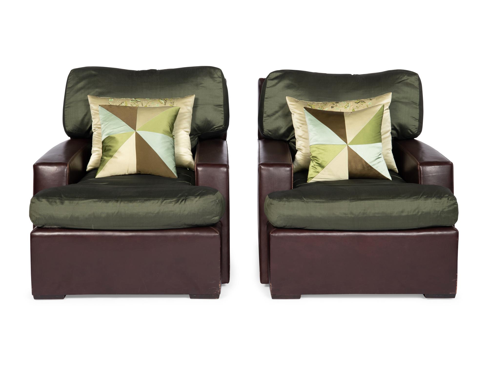 A Pair of Brown Leather and Green Silk Custom Armchairs