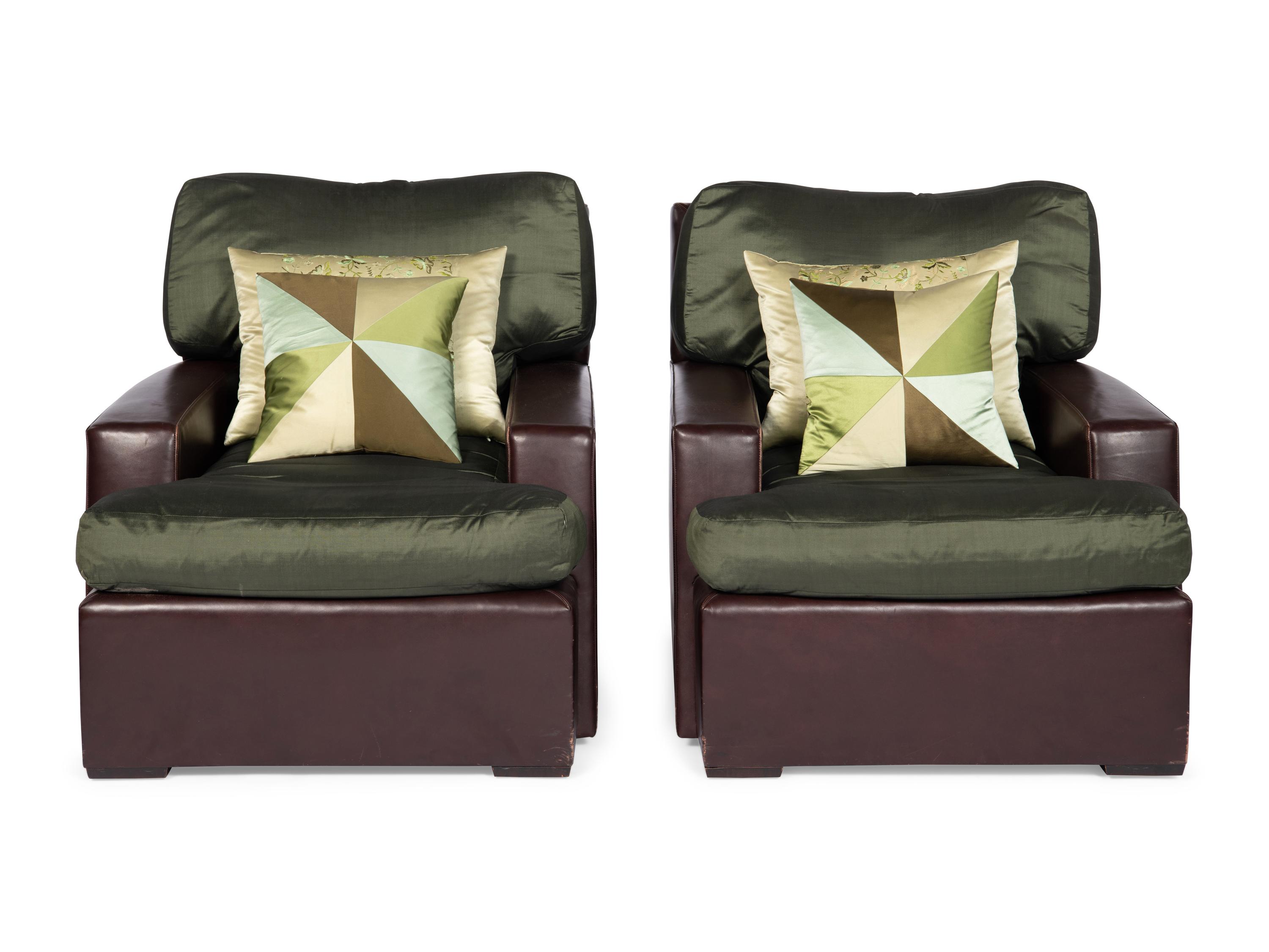 A Pair of Brown Leather and Green Silk Custom Armchairs