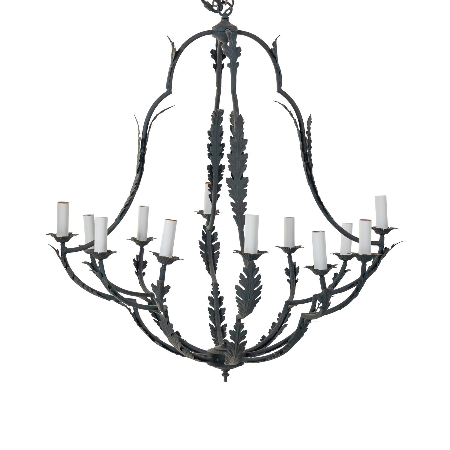 A Pair of Wrought Iron Twelve-Light Leaf-Form Chandeliers