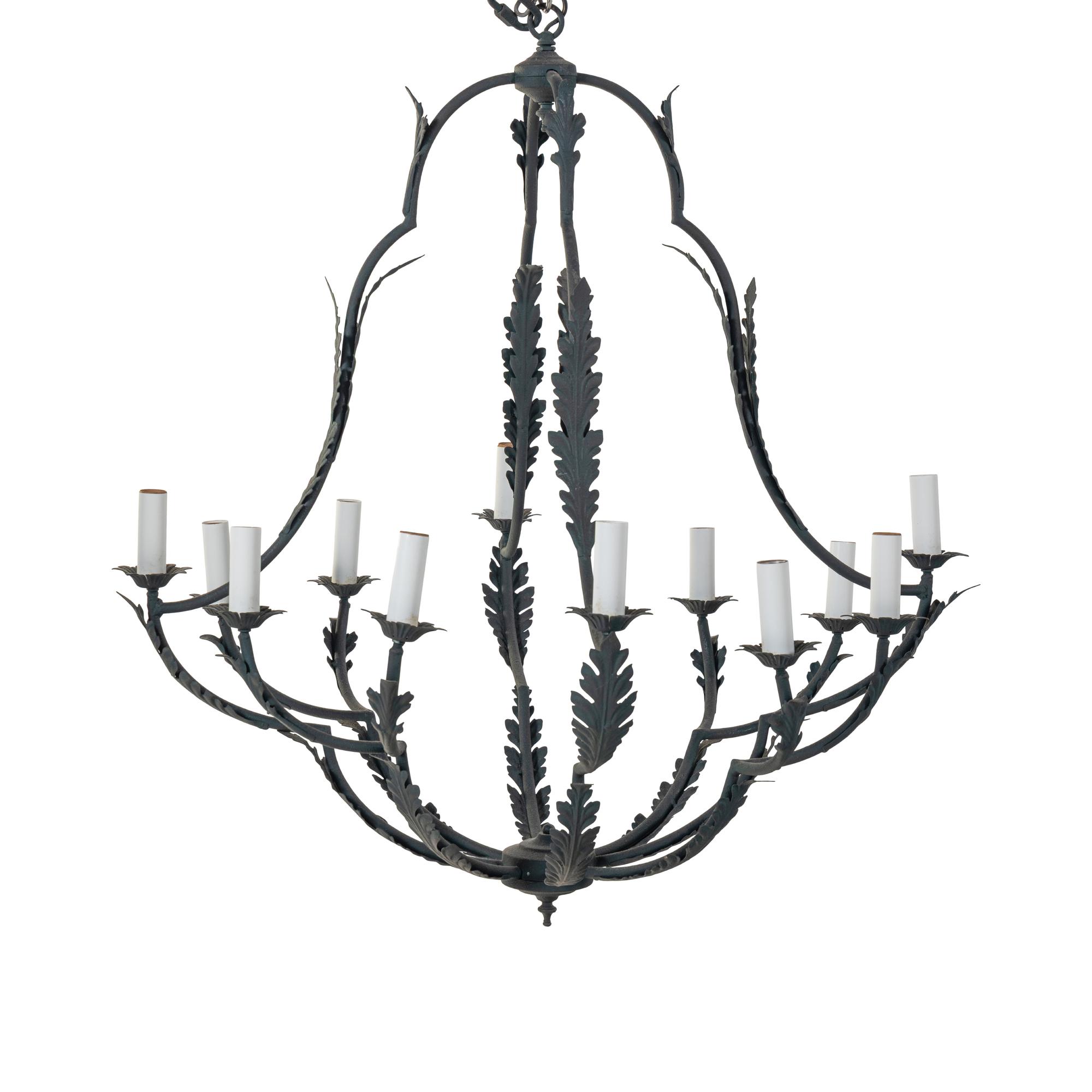 A Pair of Wrought Iron Twelve-Light Leaf-Form Chandeliers