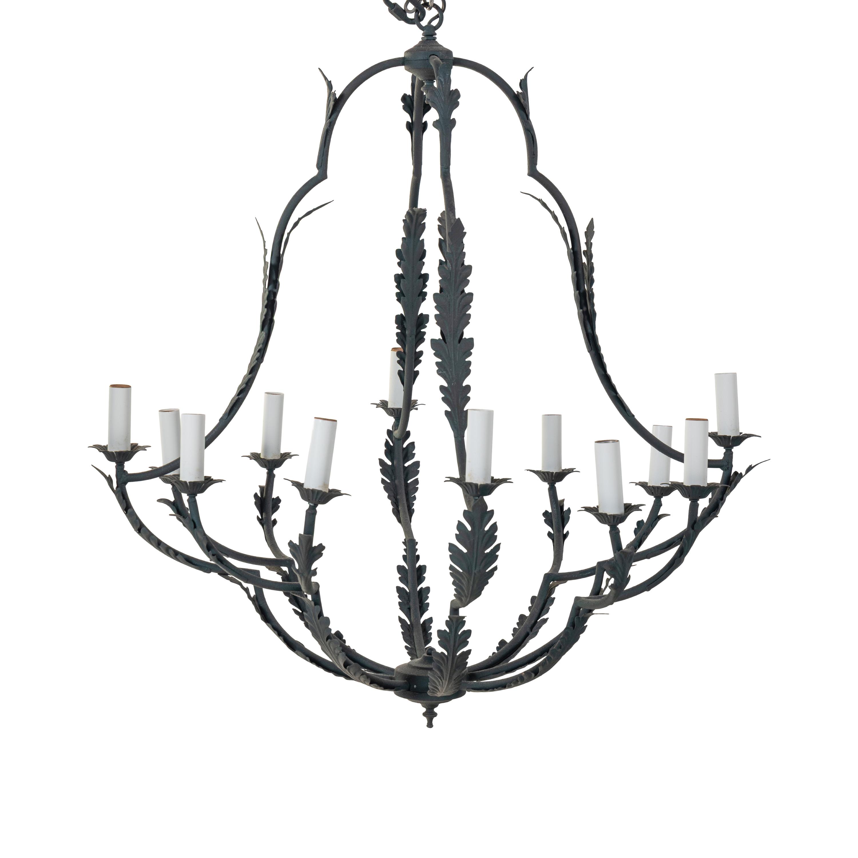 A Pair of Wrought Iron Twelve-Light Leaf-Form Chandeliers