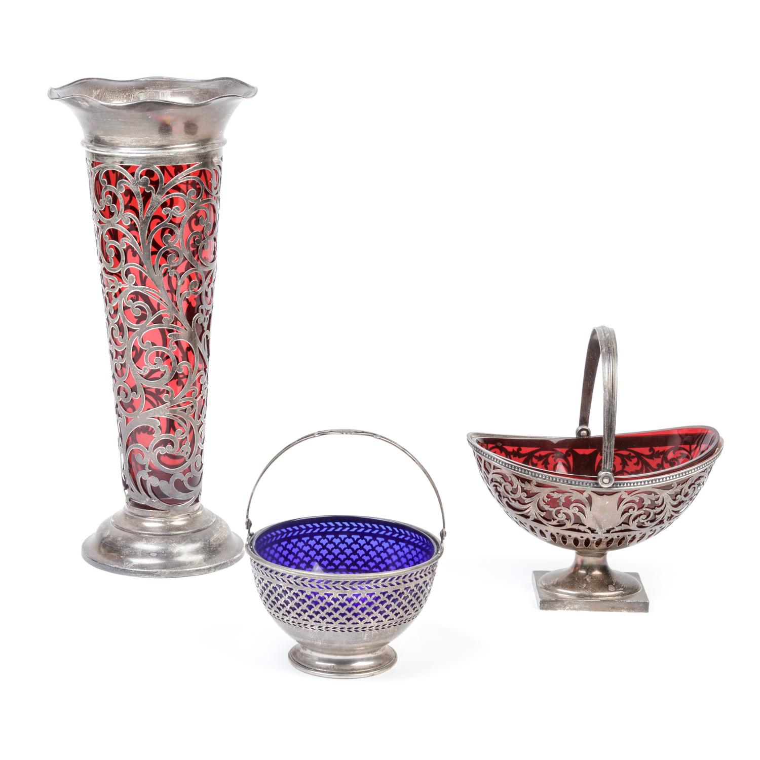 Three American Silver Overlay and Colored Glass Articles