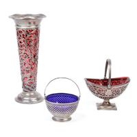 Three American Silver Overlay and Colored Glass Articles