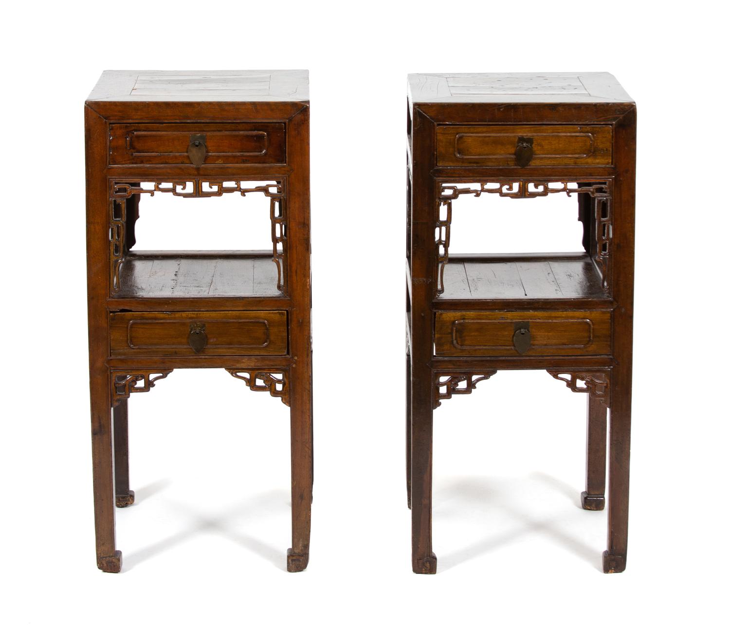 A Pair of Chinese Elmwood Side Tables Height 32 3/4 x width 14 3/4 x depth 14 3/4 inches. — LATE 19TH CENTURY