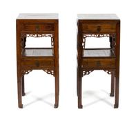 A Pair of Chinese Elmwood Side Tables Height 32 3/4 x width 14 3/4 x depth 14 3/4 inches. — LATE 19TH CENTURY
