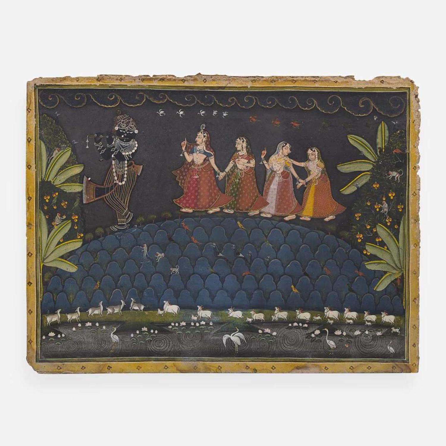 Two Rajasthani miniature paintings depicting Krishna 印度袖珍画两幅 19th century ????