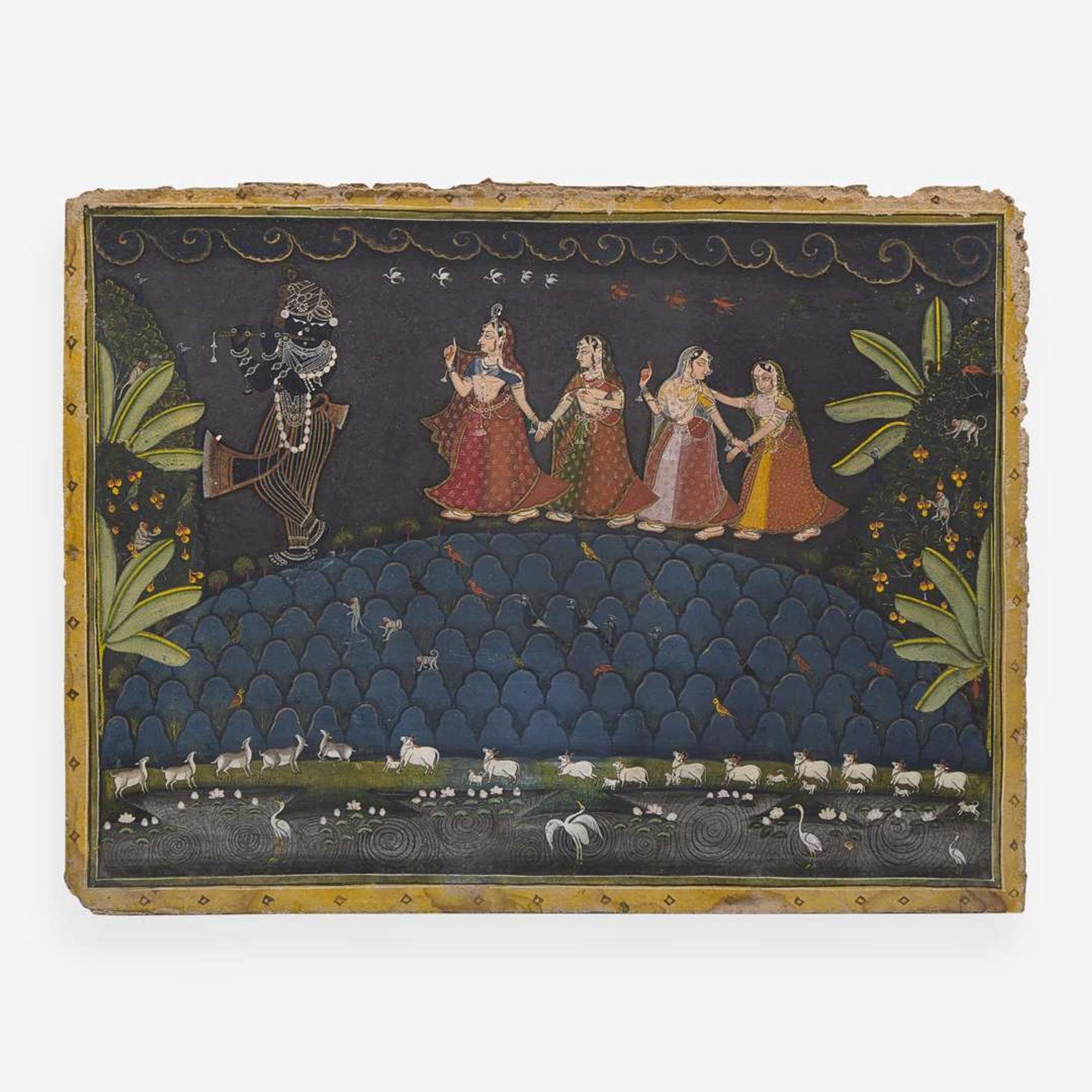 Two Rajasthani miniature paintings depicting Krishna 印度袖珍画两幅 19th century ????