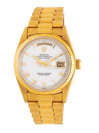 ROLEX, REF. 18038 18K YELLOW GOLD 'DAY-DATE' 'SINGLE QUICKSET' WATCH, WITH DESIREABLE 'WHITE ROMAN' DIAL