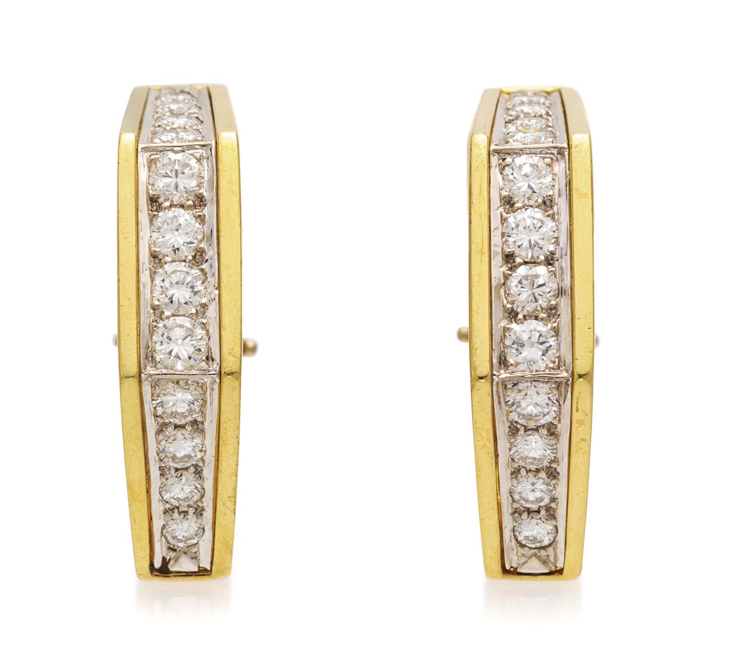 A Pair of 18 Karat Yellow Gold and Diamond Hoop Earclips, 9.90 dwts.