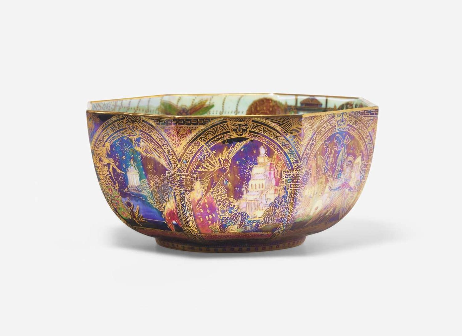 A Wedgwood Octagonal Black Fairyland Lustre Gargoyles Pattern Bowl, UK, 1920s