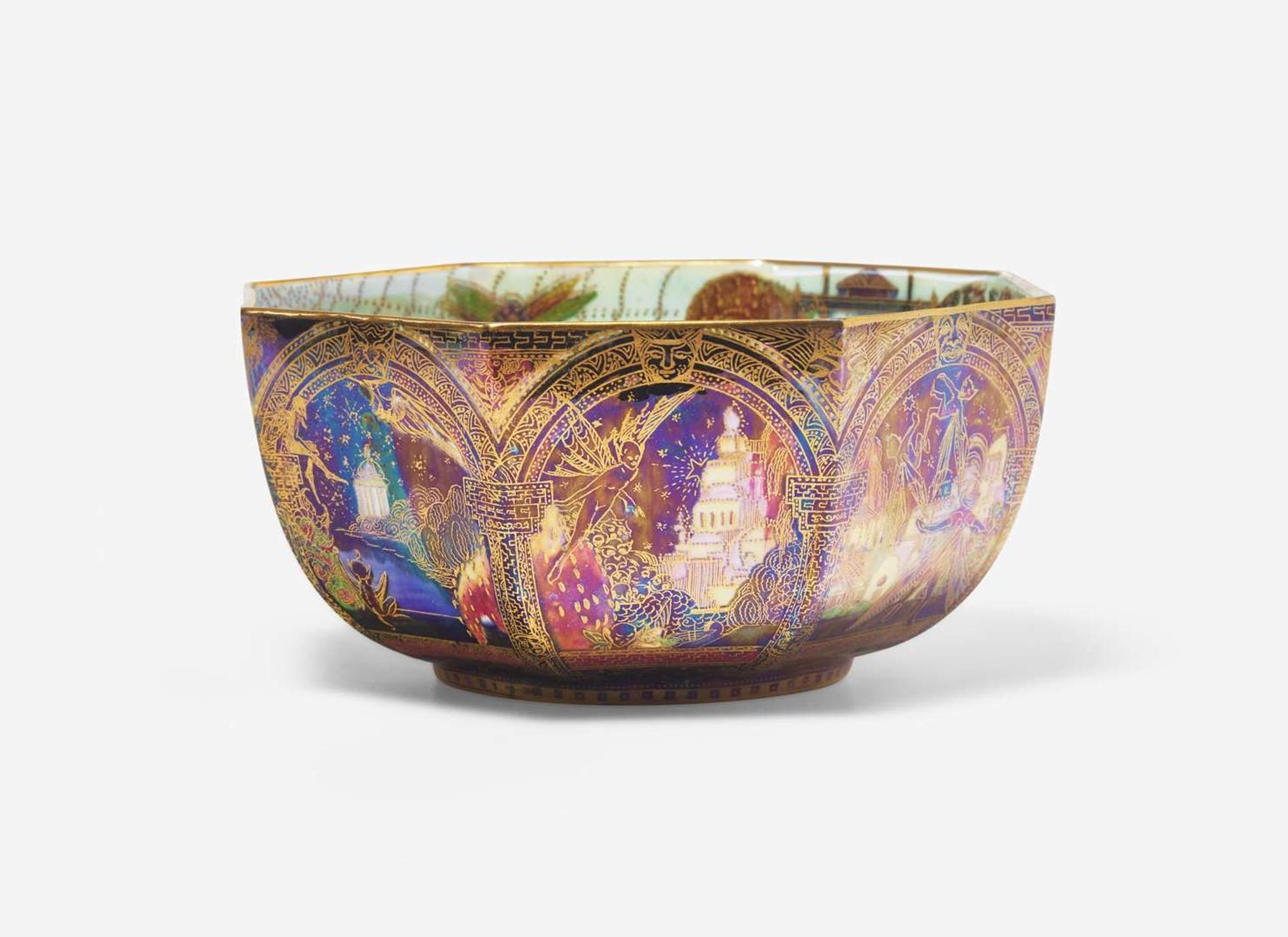 A Wedgwood Octagonal Black Fairyland Lustre Gargoyles Pattern Bowl, UK, 1920s