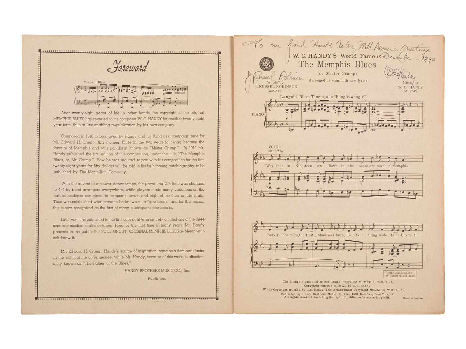 [AFRICAN AMERICANA - MUSIC]. HANDY, W.C. (1873-1958). A group of 3 items, including photograph and sheet music signed by W.C. Handy.