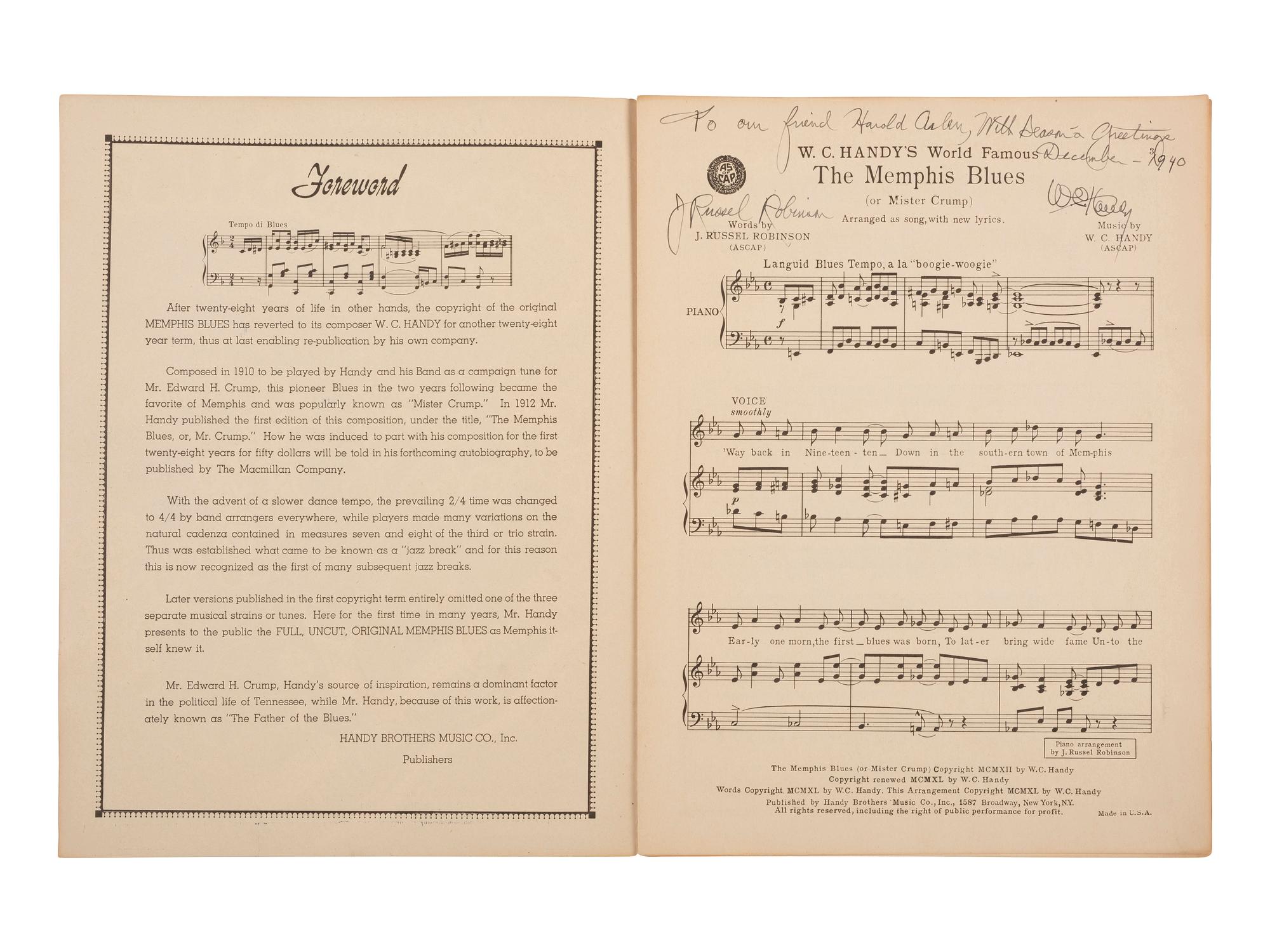 [AFRICAN AMERICANA - MUSIC]. HANDY, W.C. (1873-1958). A group of 3 items, including photograph and sheet music signed by W.C. Handy.