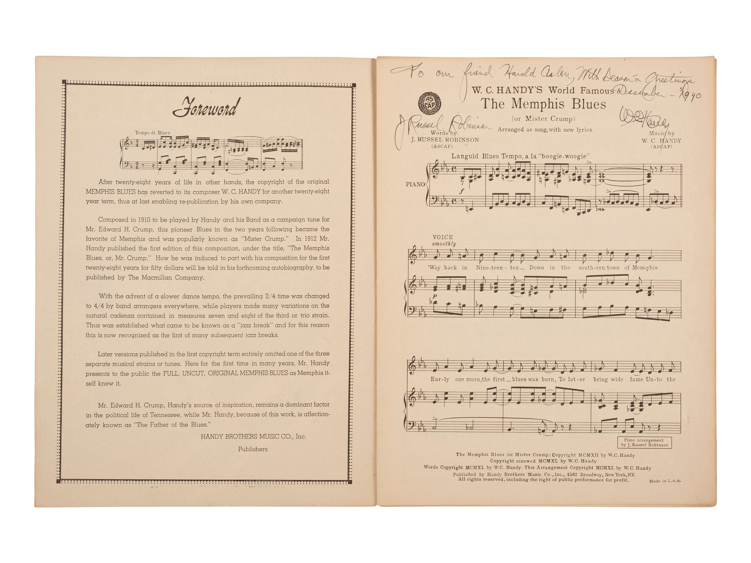 [AFRICAN AMERICANA - MUSIC]. HANDY, W.C. (1873-1958). A group of 3 items, including photograph and sheet music signed by W.C. Handy.