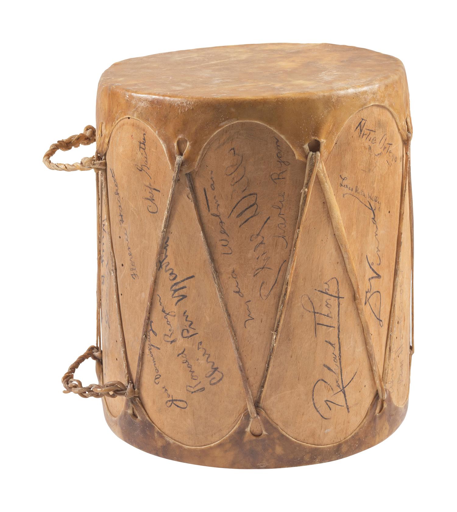 REAGAN, Ronald (1911-2004). Prop drum likely from the feature film The Bad Man , signed by the cast and crew, including Ronald Reagan.