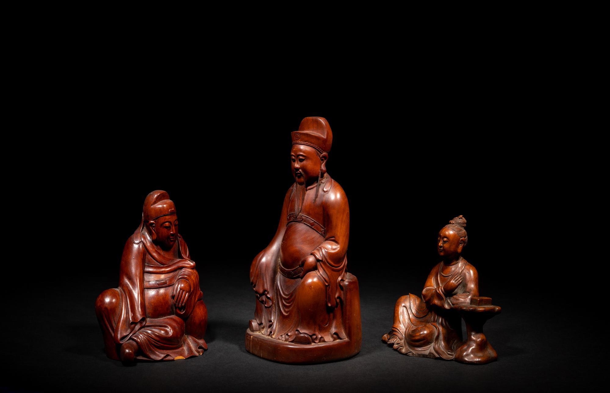 Three Chinese Carved Wood Figures