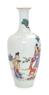 A Chinese Famille Rose 'Ladies in the Garden' Porcelain Bottle Vase Height 8 1/4 inches. — 20TH CENTURY