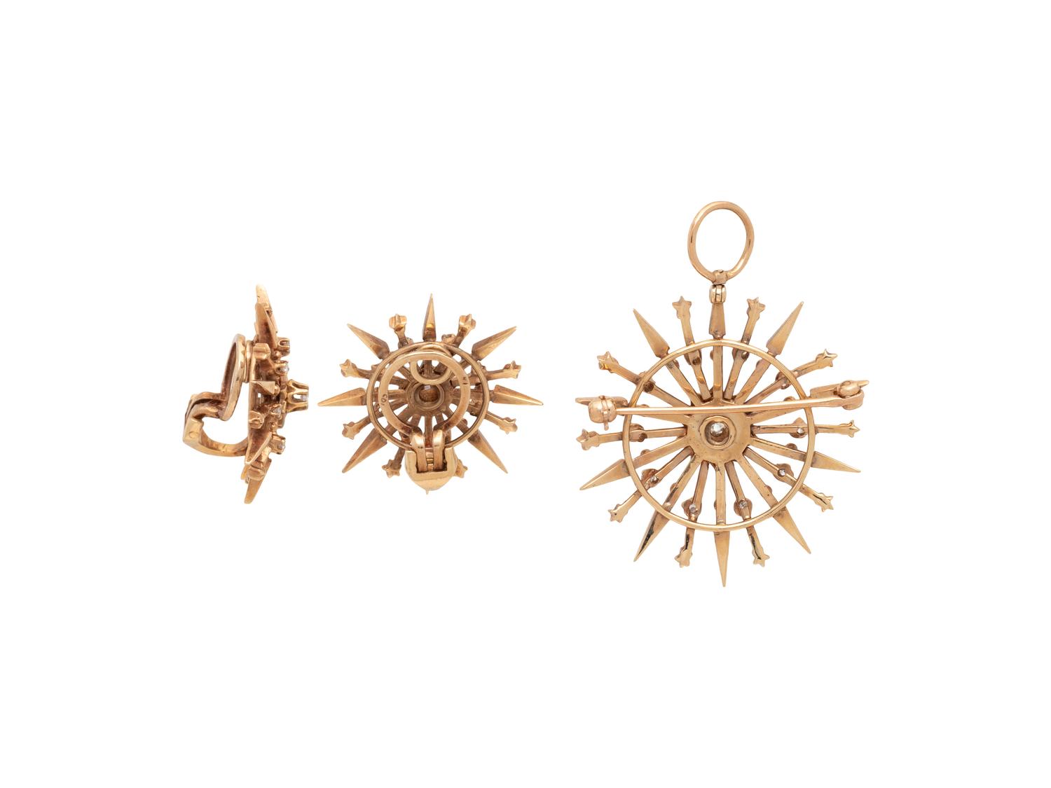YELLOW GOLD AND DIAMOND EARRINGS AND PENDANT/BROOCH