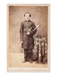 [CIVIL WAR]. CDV portrait of an unidentified soldier holding a horn. N.p., n.d.
