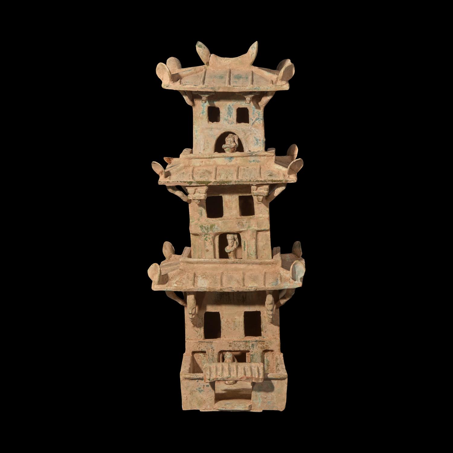 A Large Chinese Green Glazed Pottery Model of a Tower, Han Dynasty 漢 綠釉 灰陶 塔