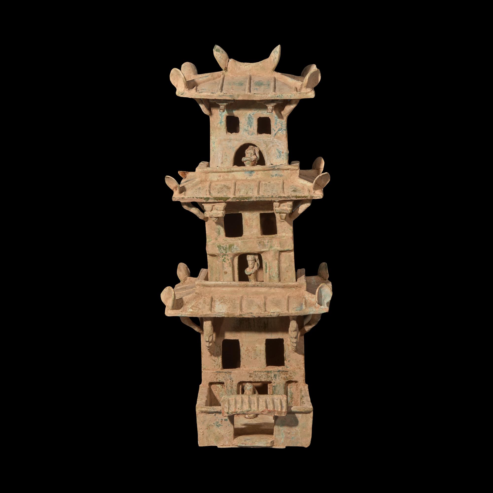 A Large Chinese Green Glazed Pottery Model of a Tower, Han Dynasty 漢 綠釉 灰陶 塔