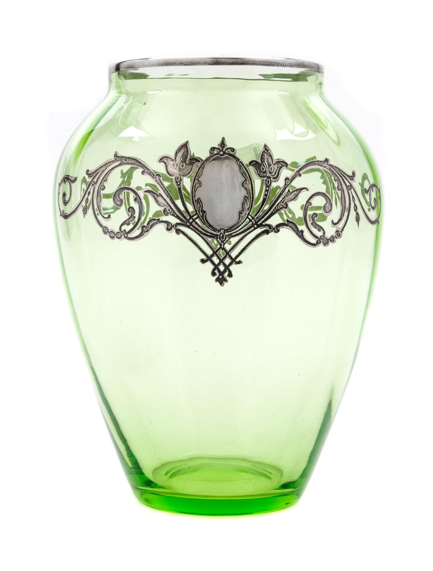 A Silver Overlay Glass Vase Height 8 5/8 inches.