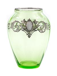A Silver Overlay Glass Vase Height 8 5/8 inches.