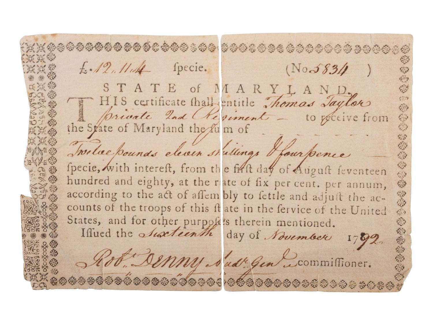 [REVOLUTIONARY WAR]. CRAIG, Thomas (1739-1832). Autograph letter signed ("Thos Craig") to John Nicholson Esq. Easton, [Pennsylvania], 8 August 1784.