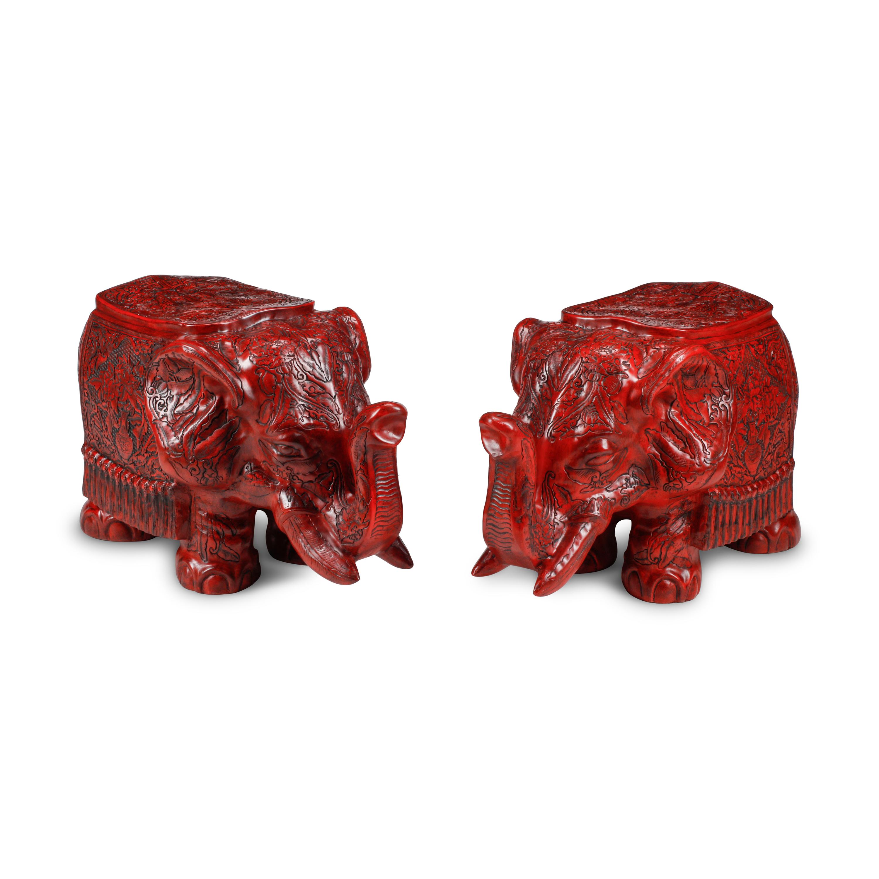 A Pair of Chinese Carved Red Lacquer Elephant Stools
