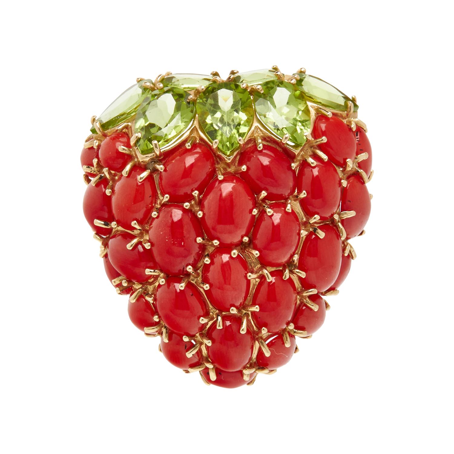 CORAL AND PERIDOT STRAWBERRY BROOCH