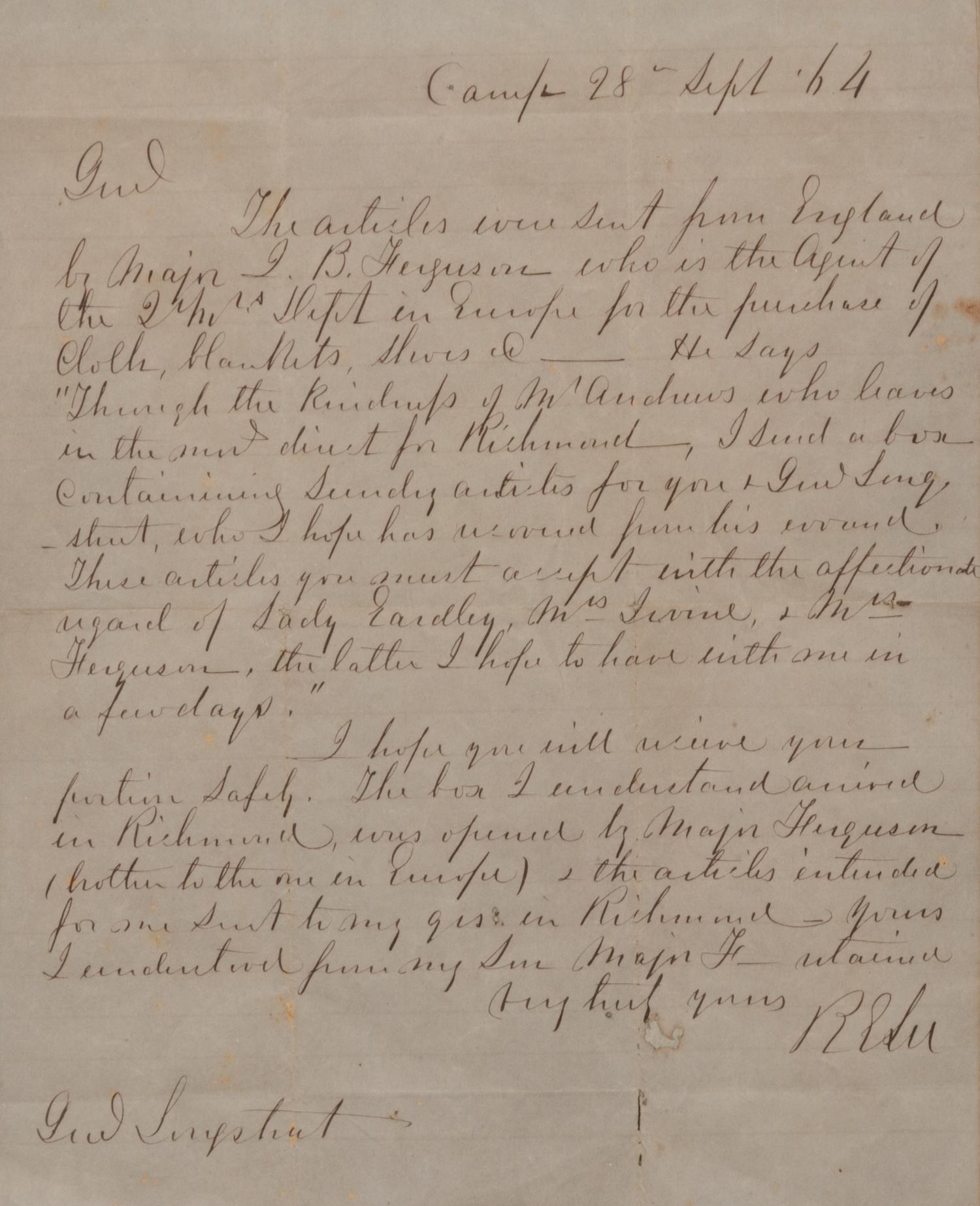 LEE, Robert E. (1807-1870). Autograph letter signed (“R. E. Lee”), as Commander of the Army of Northern Virginia, to James Longstreet, Confederate General. Camp, 28 September 1864.