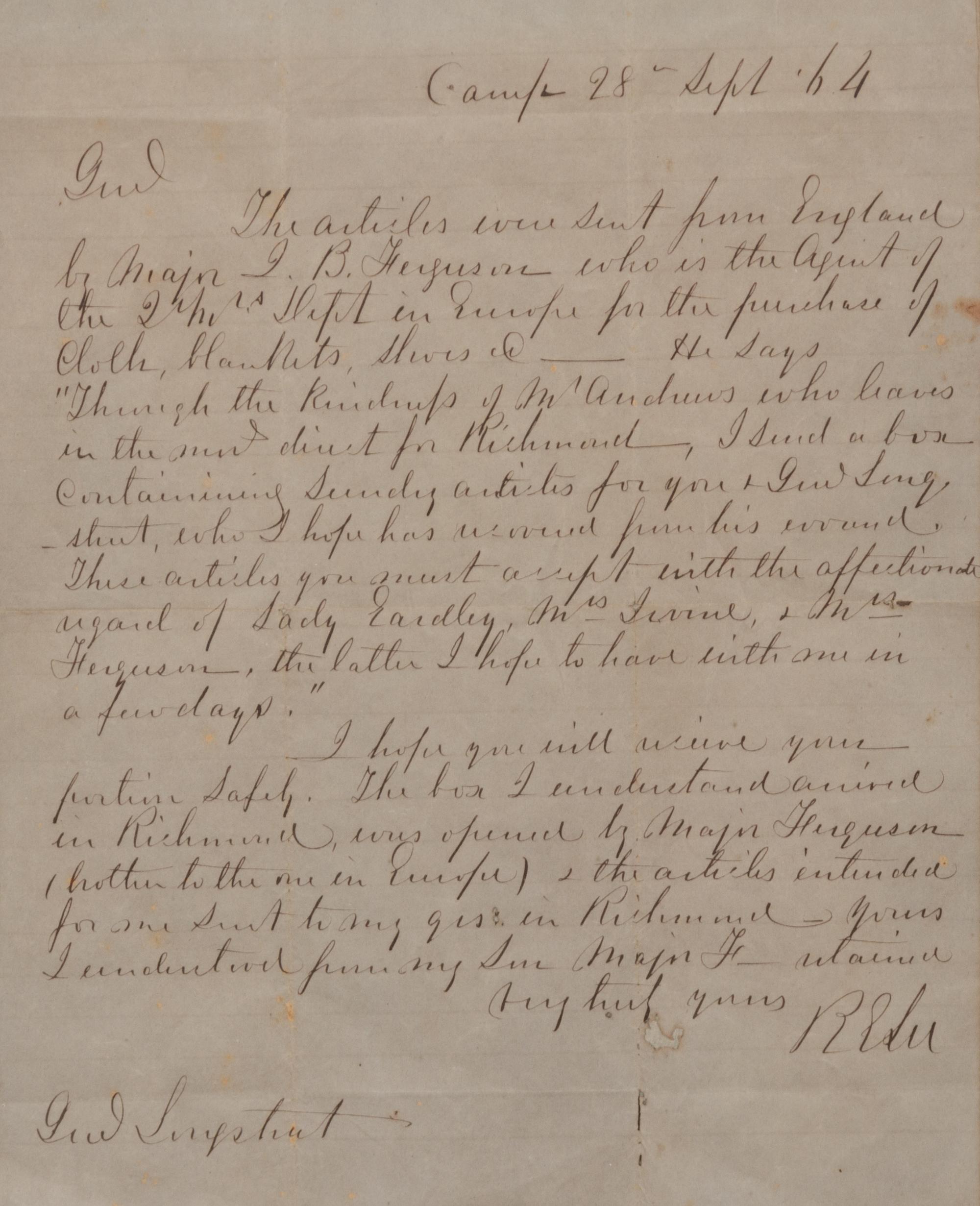 LEE, Robert E. (1807-1870). Autograph letter signed (“R. E. Lee”), as Commander of the Army of Northern Virginia, to James Longstreet, Confederate General. Camp, 28 September 1864.