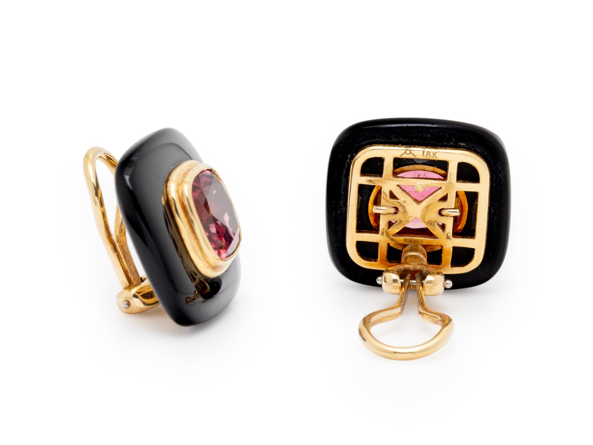 PINK TOURMALINE, BLACK ONYX, AND YELLOW GOLD EARRINGS