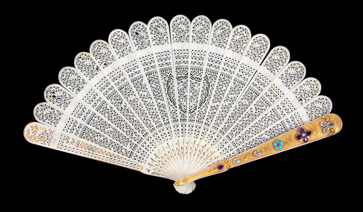 A Swiss 14-Karat Gold and Semi-Precious Stone Brisé Fan