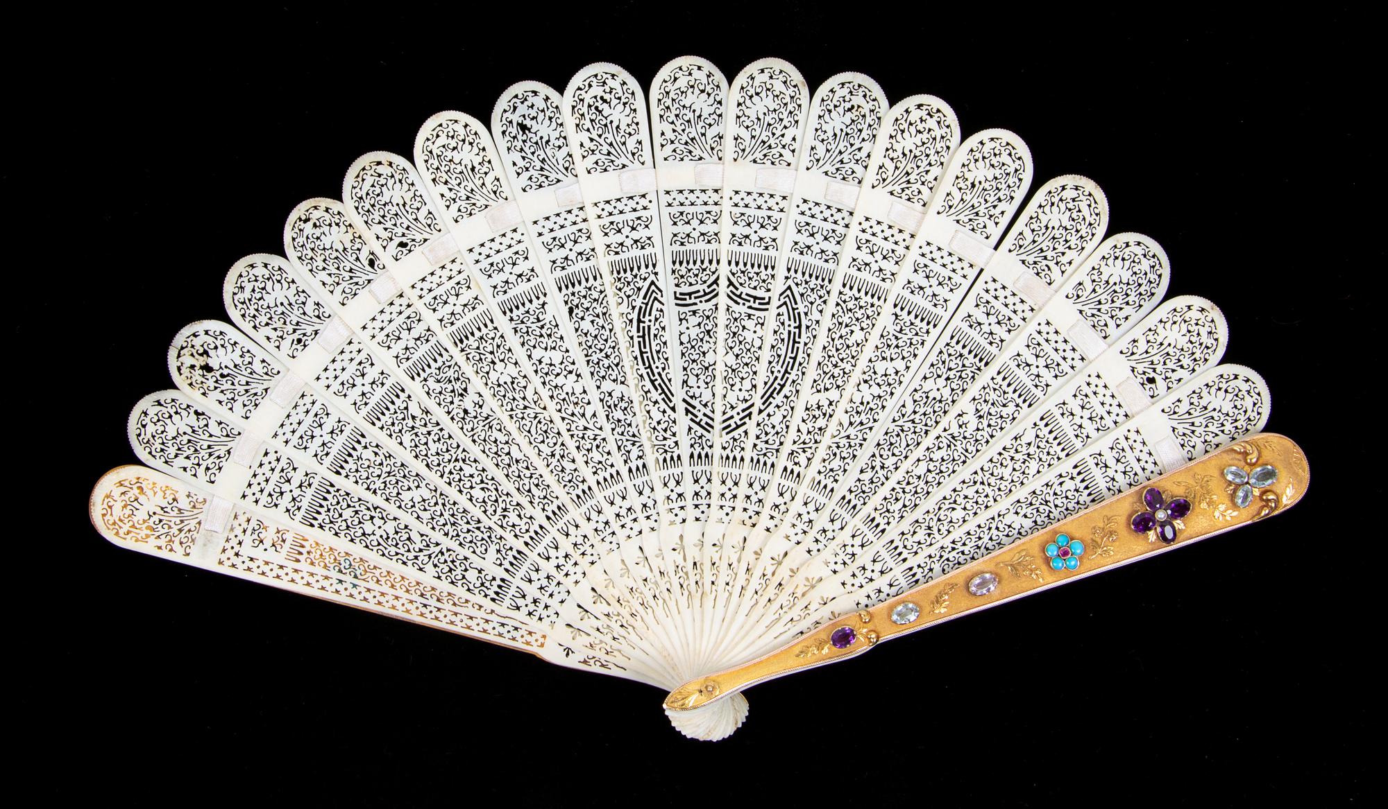 A Swiss 14-Karat Gold and Semi-Precious Stone Brisé Fan