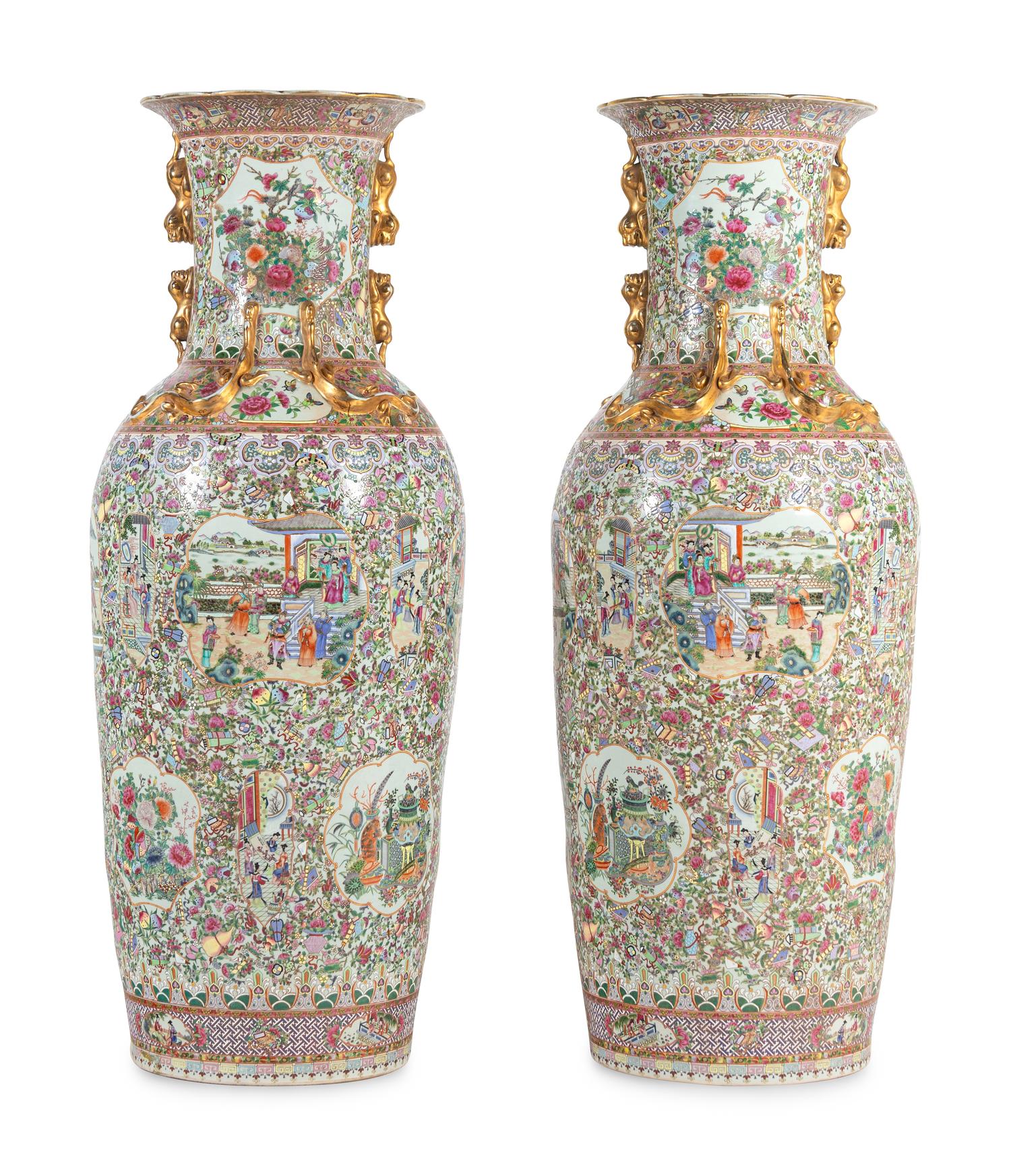 A Pair of Large Rose Medallion Porcelain Floor Vases