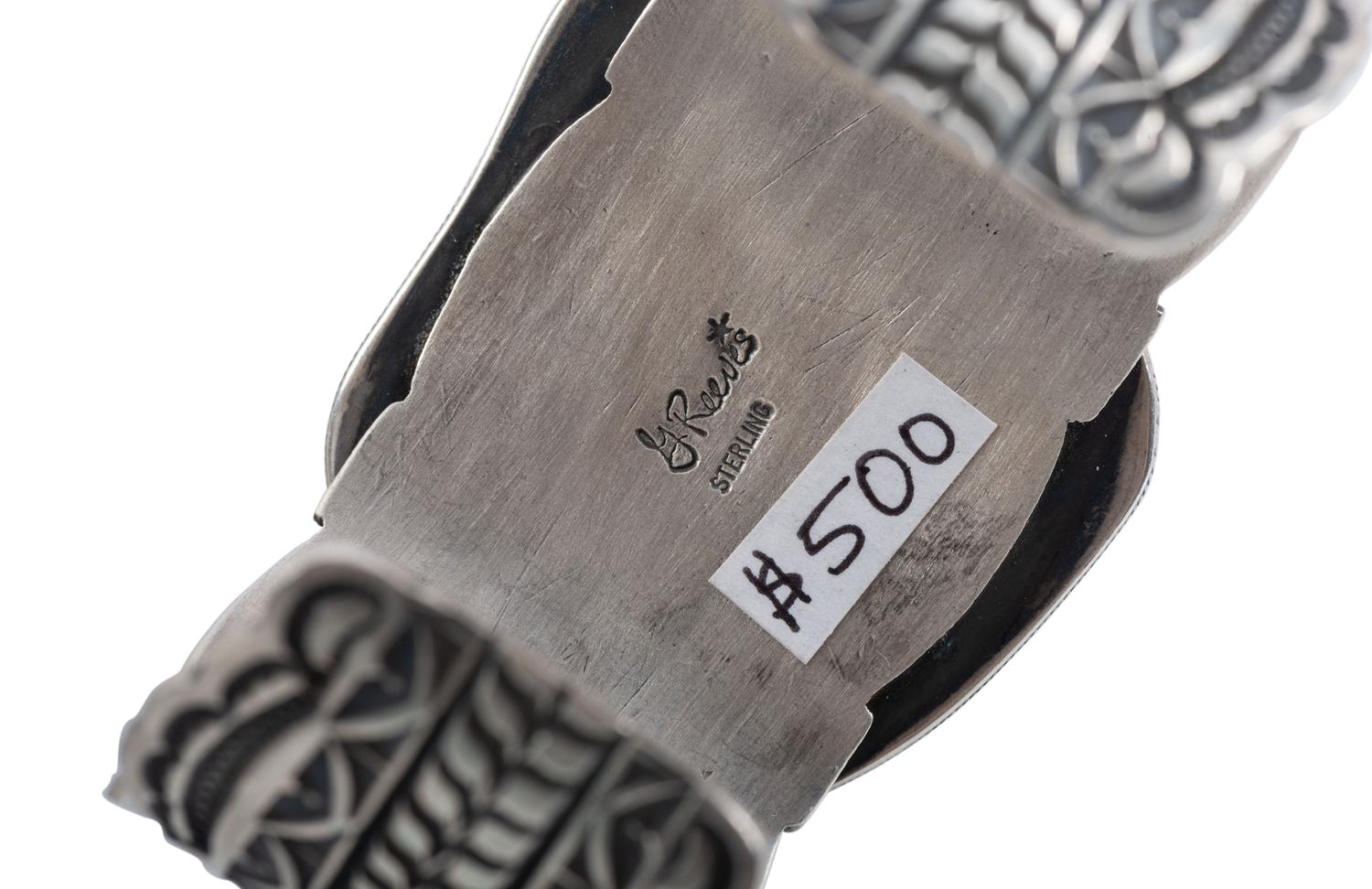 Heavily Stamped Sterling Silver Cuff Bracelet, with Carved Turquoise Frog