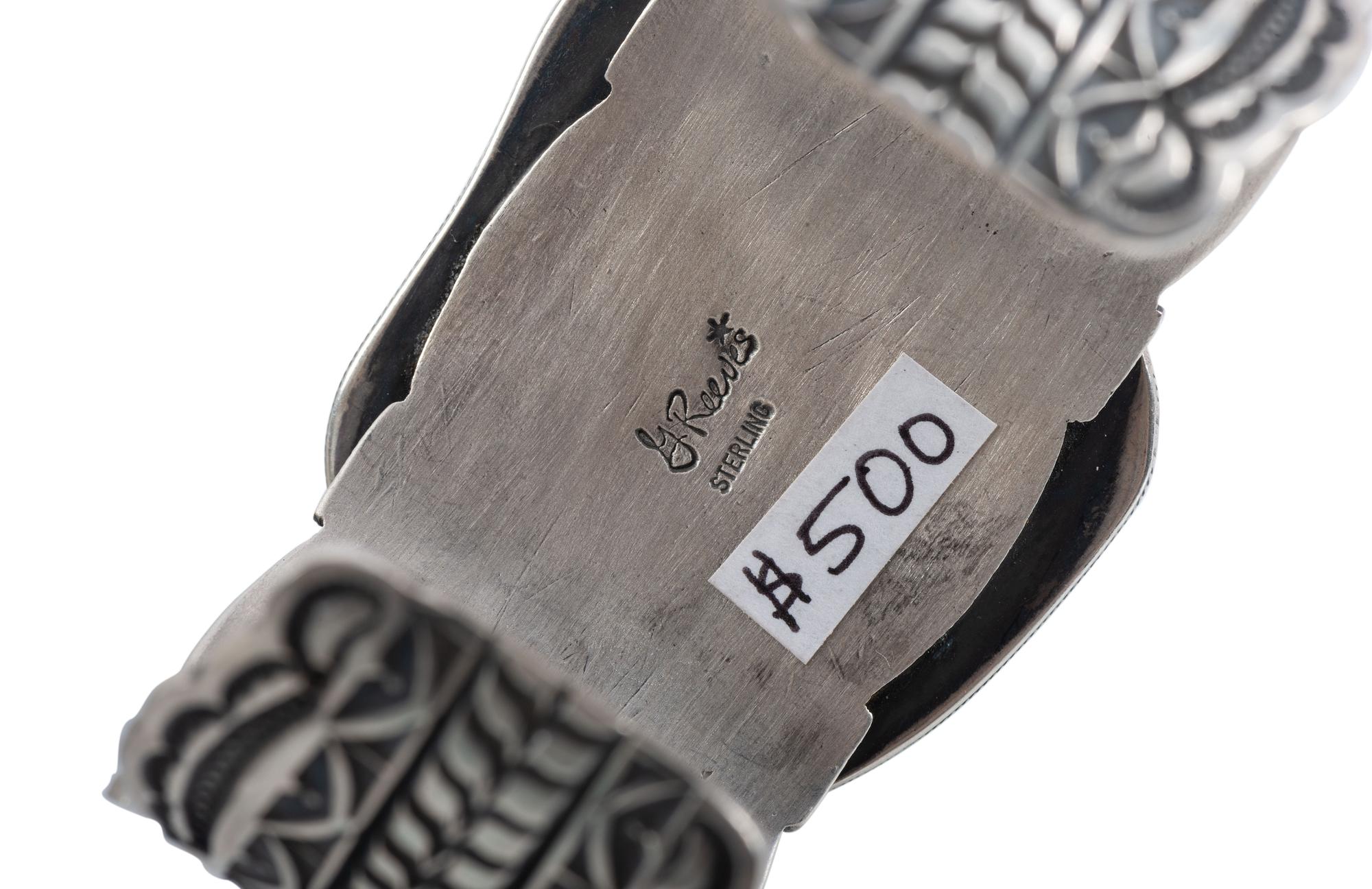Heavily Stamped Sterling Silver Cuff Bracelet, with Carved Turquoise Frog