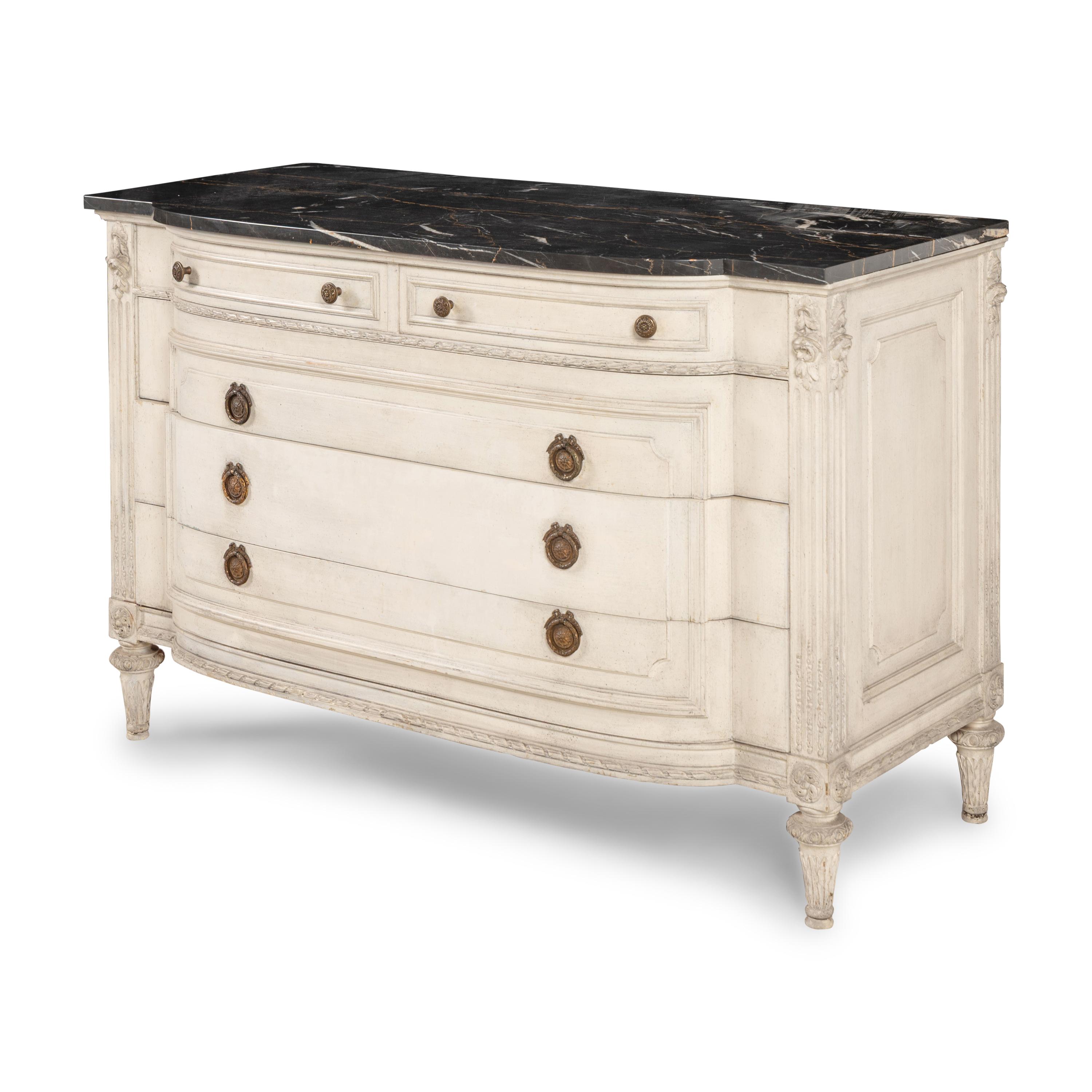 A Louis XVI Style White-Painted Marble-Top Commode