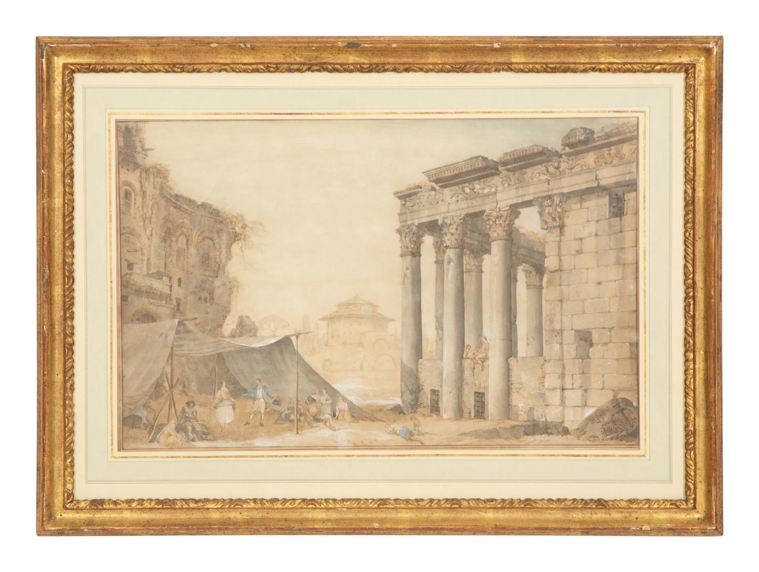 Architects Measuring the Temple of Jupiter Tonans and Revelers Near the Temple of Antonino and Faustina (two works)