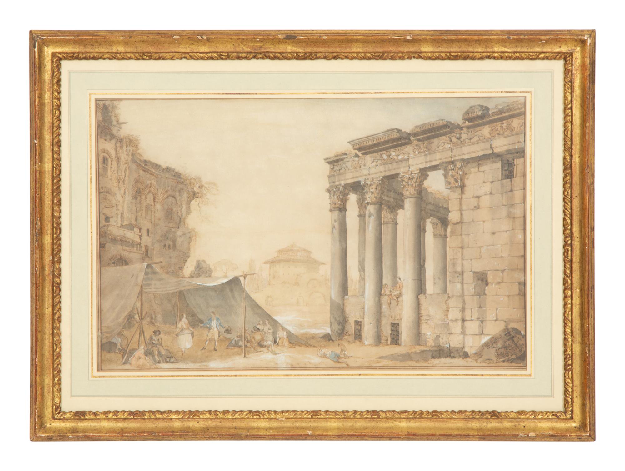 Architects Measuring the Temple of Jupiter Tonans and Revelers Near the Temple of Antonino and Faustina (two works)