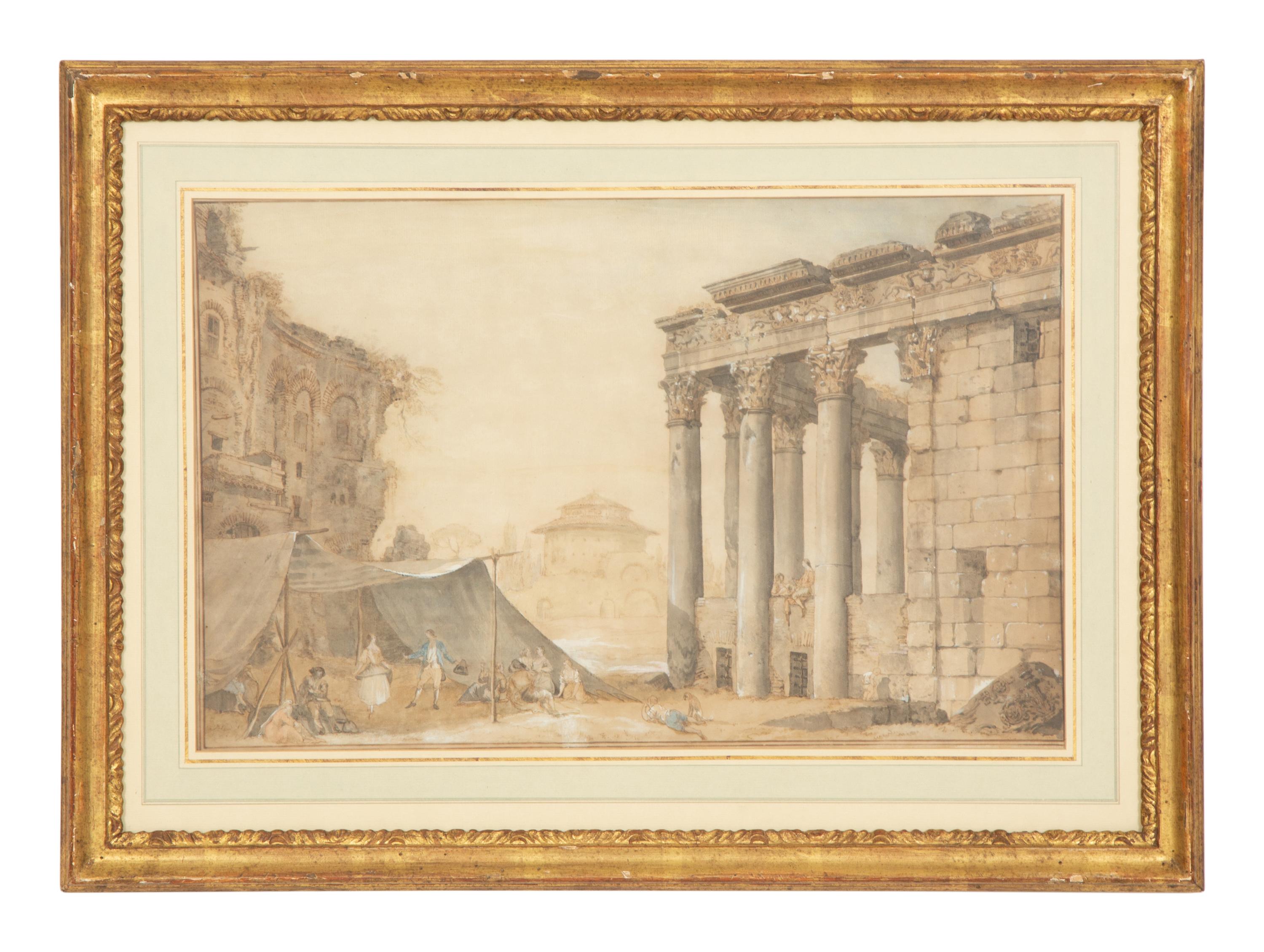 Architects Measuring the Temple of Jupiter Tonans and Revelers Near the Temple of Antonino and Faustina (two works)