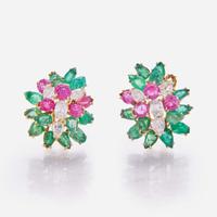 A Pair of 14K Yellow Gold and Gemstone Ear Clips