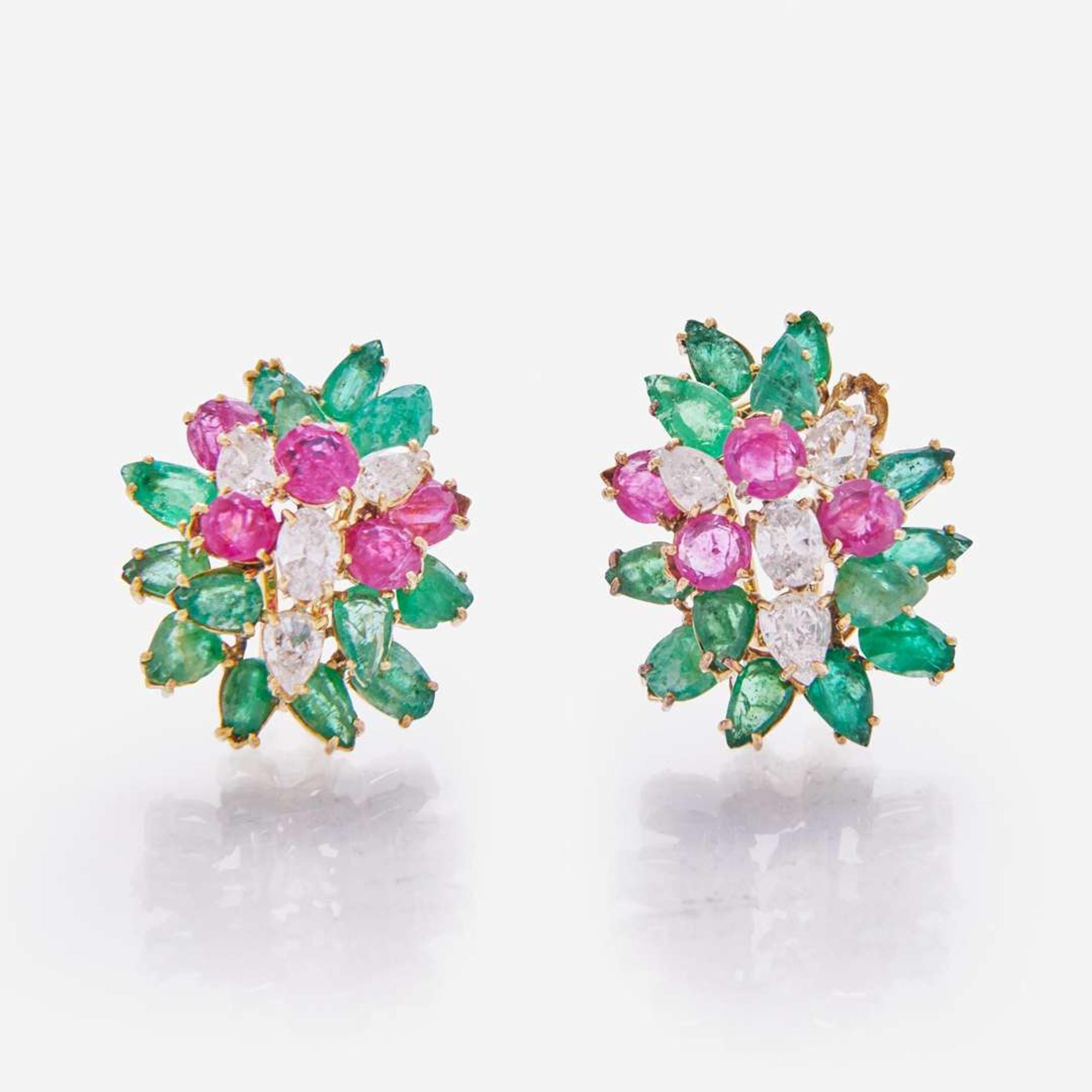 A Pair of 14K Yellow Gold and Gemstone Ear Clips