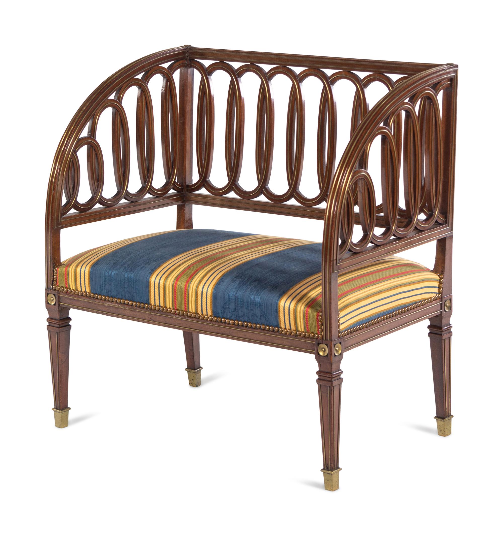 A Russian Neoclassical Brass Inlaid Mahogany Bench
